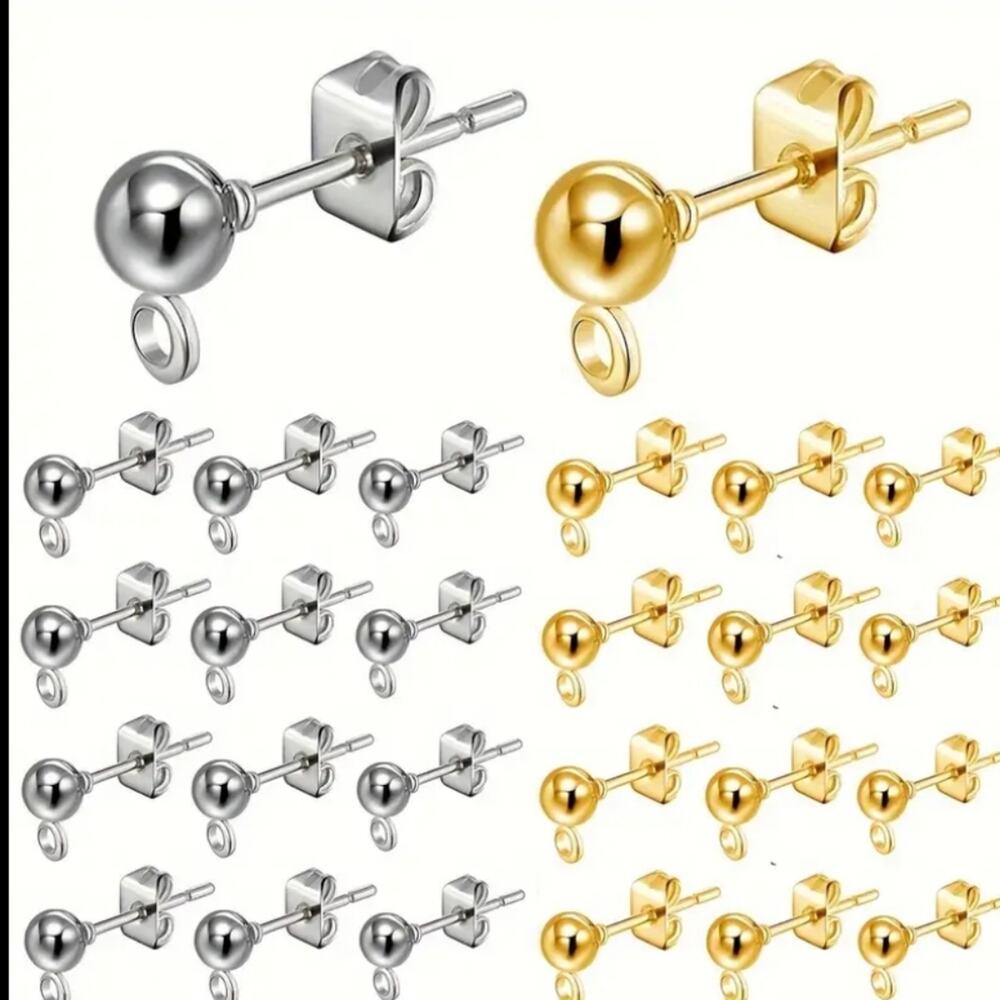 Set of 10 Ball & Column Earring Studs Posts Butterfly Backs Jewelry Silver Gold